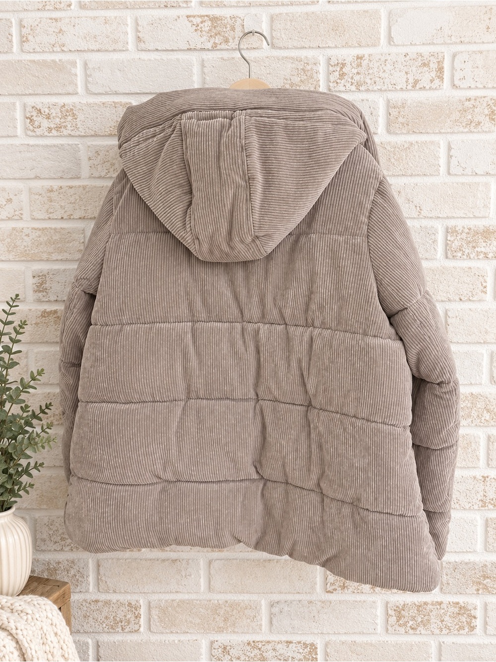 Sam Edelman XL Corduroy Puffer Jacket Hooded Taupe Gray Winter Coat Quilted - Picture 2 of 6